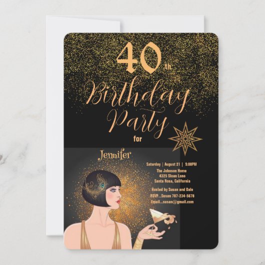 40e Verjaardagsfeest Art Deco Zwart & Goud Kaart (Voorkant)