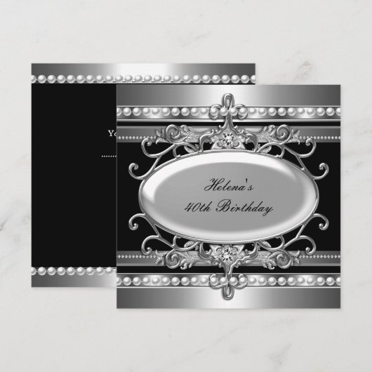 40e verjaardagsfeest Black & Silver Flower Pearl Kaart (Voorkant / Achterkant)