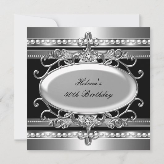 40e verjaardagsfeest Black & Silver Flower Pearl Kaart (Voorkant)