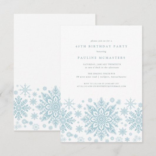 40e Verjaardagsfeest Blauw Wit Sneeuwvlok Winter Kaart (Voorkant / Achterkant)