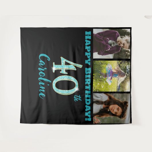 40e verjaardagsfeest, Blauwgroen Blue Glitter & 3  Wandkleed (Voorkant (horizontaal))