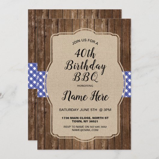 40e verjaardagsfeest Blue Gingham Burlap BBQ Uitno Kaart (Voorkant / Achterkant)
