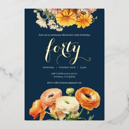 40e verjaardagsfeest Botanische Sinaasappels Bloem Folie Uitnodiging (Voorkant)