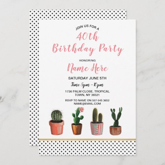 40e verjaardagsfeest Cactus Nodig 18e 21e 30e Kaart (Voorkant / Achterkant)