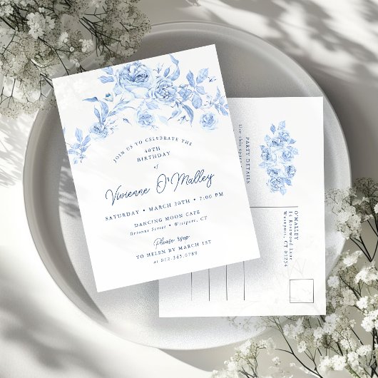 40e Verjaardagsfeest Dusty Blue Roos Floral Uitnodiging Briefkaart