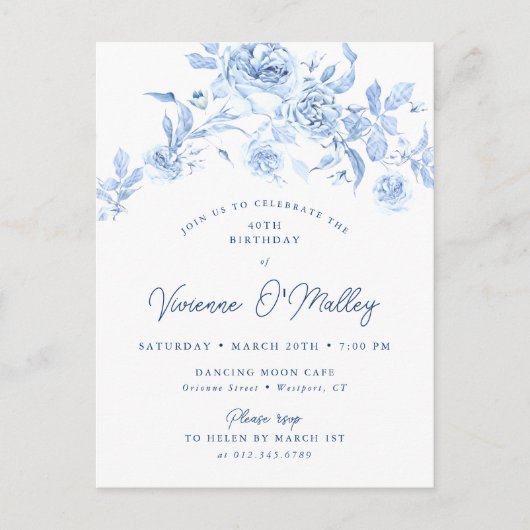 40e Verjaardagsfeest Dusty Blue Roos Floral Uitnodiging Briefkaart (Voorkant)