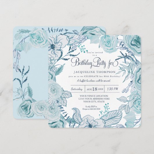 40e Verjaardagsfeest Dusty Blue Waterverf Floral Kaart (Voorkant / Achterkant)