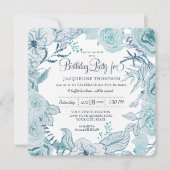 40e Verjaardagsfeest Dusty Blue Waterverf Floral Kaart (Voorkant)