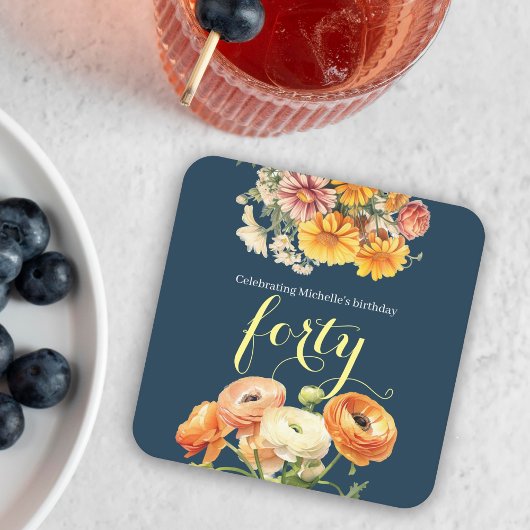 40e verjaardagsfeest Elegante vrolijke bloem Kartonnen Onderzetters