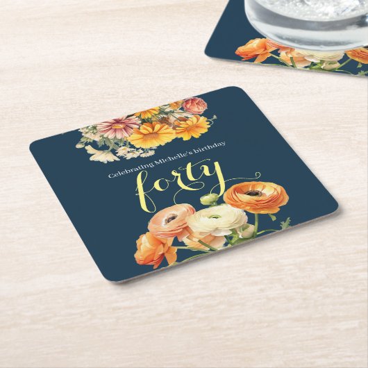 40e verjaardagsfeest Elegante vrolijke bloem Kartonnen Onderzetters (Schuin)