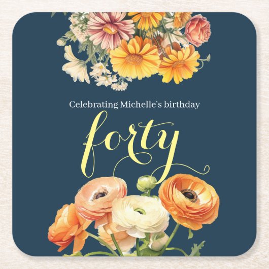 40e verjaardagsfeest Elegante vrolijke bloem Kartonnen Onderzetters (Voorkant)