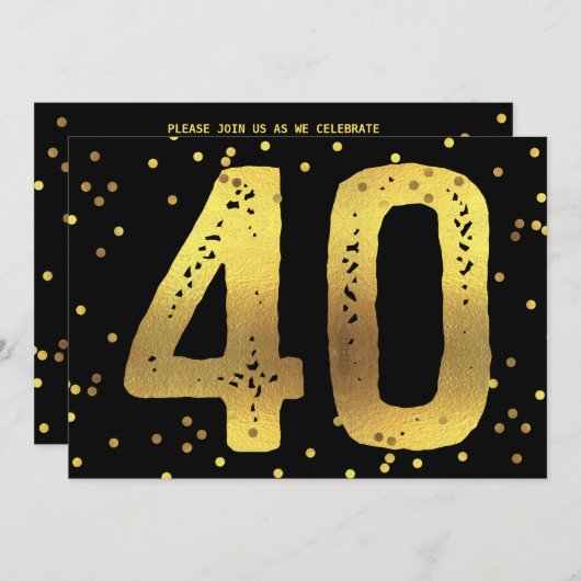 40e Verjaardagsfeest Faux Gold Foil Confetti Zwart Kaart (Voorkant / Achterkant)