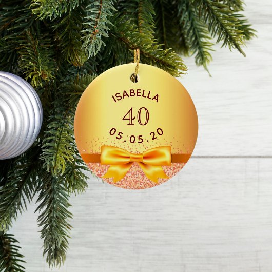 40e verjaardagsfeest gouden roze strik naam keramisch ornament