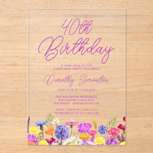 40e verjaardagsfeest Paarse Boho Wildflower Acryl Uitnodigingen (Voorkant)
