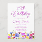 40e verjaardagsfeest Paarse wilde bloemen betaalba Uitnodiging Briefkaart (Voorkant)