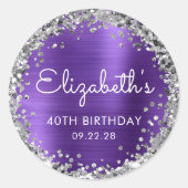 40e verjaardagsfeest Paarse zilveren glitter Ronde Sticker (Voorkant)