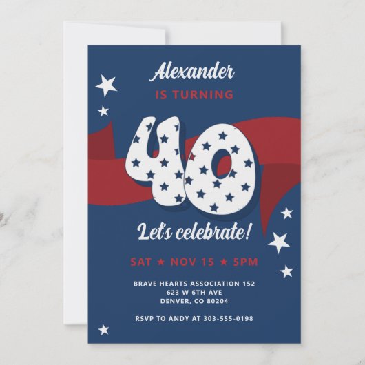 40e Verjaardagsfeest Patriottisch Rood Wit Blauw S Kaart (Voorkant)
