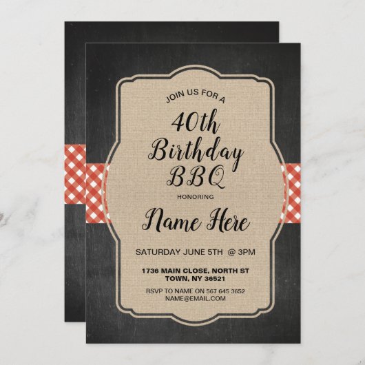 40e verjaardagsfeest Red Gingham Burlap BBQ Uitnod Kaart (Voorkant / Achterkant)