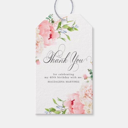 40e Verjaardagsfeest Roze Bloemstuk Aangepaste Fav Cadeaulabel (Voorkant)