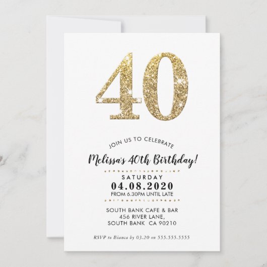40E VERJAARDAGSFEEST UITNODIGEN moderne gouden gli Kaart (Voorkant)