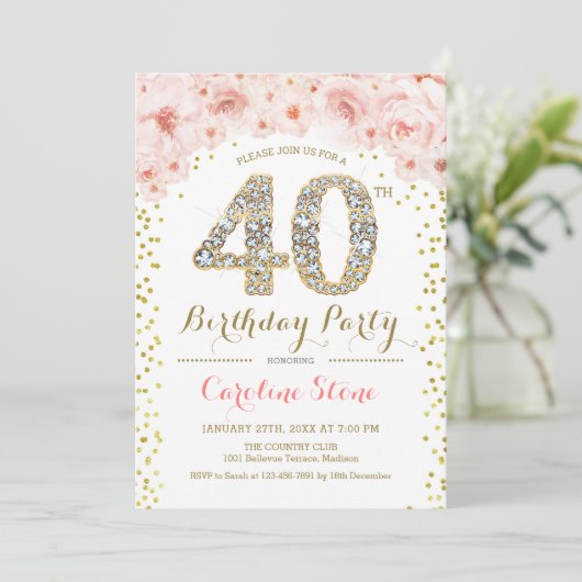 40e verjaardagsfeest Wit Goud Roze Foto Kaart (Staand voorkant)