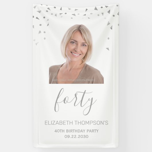 40e Verjaardagsfeest Wit Zilver Confetti Foto Spandoek (Verticaal)