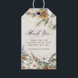 40e Verjaardagsfeest Witte Winter Bloemen Favoriet Cadeaulabel<br><div class="desc">Elegante winterwitte bloemen zijn genesteld in dennengroen en pinecones. De zachte ivoorwitte waterverf wasachtergrond is geaccentueerd met gouden vlekken om een verfijnde en chique esthetiek te creëer.</div>
