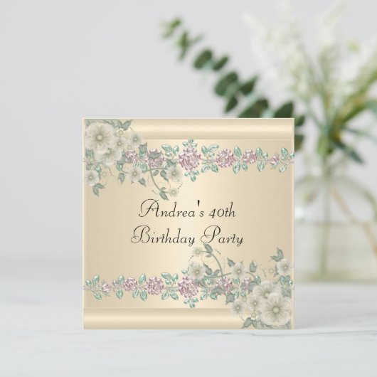 40e Verjaardagsfeest Zachte Crème Bloemen 2 Kaart (Staand voorkant)