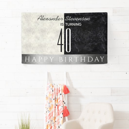 40e verjaardagsfeest, zwart en wit marmer spandoek (Insitu)