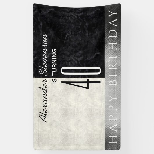 40e verjaardagsfeest, zwart en wit marmer spandoek (Verticaal)