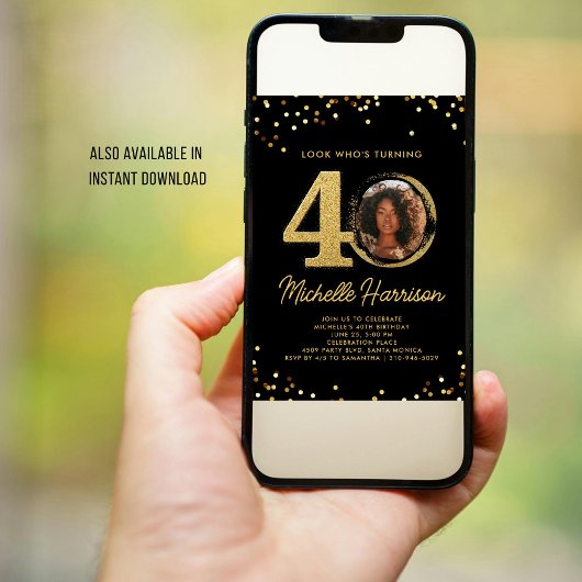 40e verjaardagsfeest Zwart Goud Confetti Foto Kaart