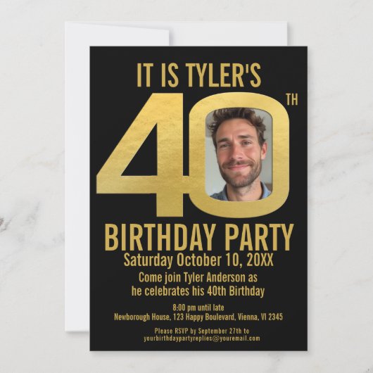 40e verjaardagsfeest zwart goud foto kaart (Voorkant)