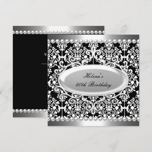 40e Verjaardagsfeest Zwart Wit Damask Bloemen Kaart (Voorkant / Achterkant)