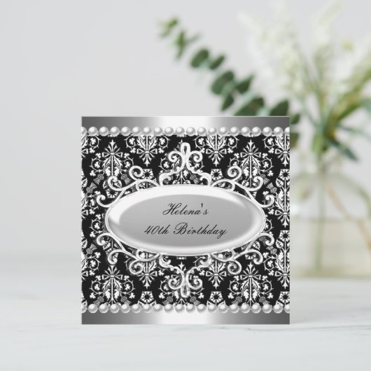 40e Verjaardagsfeest Zwart Wit Damask Pearl Kaart (Staand voorkant)
