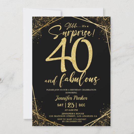 40e verjaardagsfeestje 40 Fabulous Zwart Goud Glit Kaart (Voorkant)