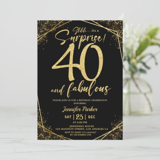 40e verjaardagsfeestje 40 Fabulous Zwart Goud Glit Kaart (Staand voorkant)