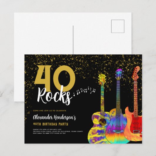 40e verjaardagsfeestje 40 Rocks Gouden Glitter Uitnodiging Briefkaart (Voorkant / Achterkant)