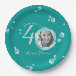 40e verjaardagsfeestje bubbel donker turquoise papieren bordje