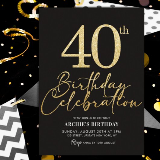40e verjaardagsfeestje Elegante zwart en goud glit Kaart