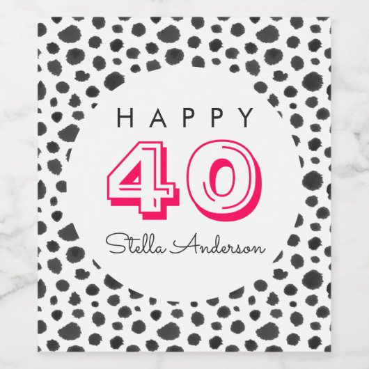 40e verjaardagsfeestje | Fun Black Stippen Pattern Wijn Etiket (Enkel label)