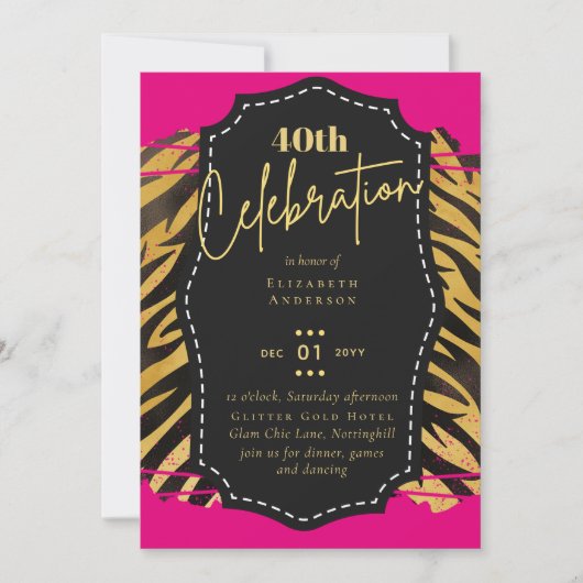 40e Verjaardagsfeestje Goud Dierprint Glitter Glam Kaart (Voorkant)