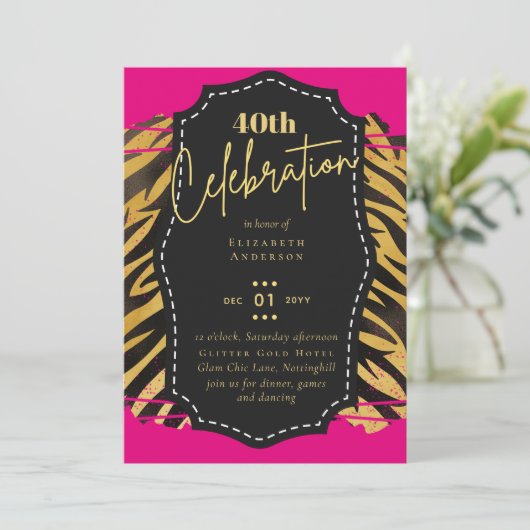 40e Verjaardagsfeestje Goud Dierprint Glitter Glam Kaart (Staand voorkant)