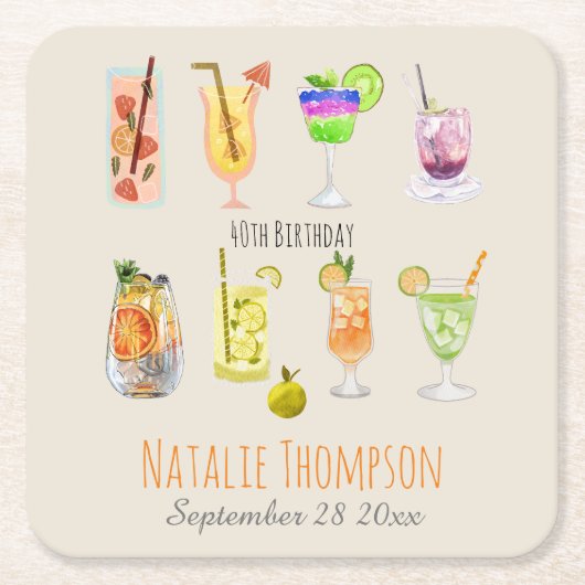 40e verjaardagsfeestje Mooie waterverf cocktail Kartonnen Onderzetters (Voorkant)