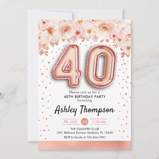 40e verjaardagsfeestje - Roos gouden ballonnen Kaart (Voorkant)