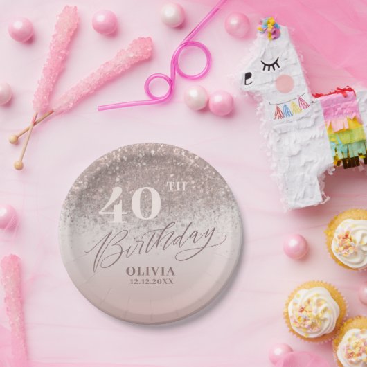 40e verjaardagsfeestje Roos gouden glitter Papieren Bordje (Feest)