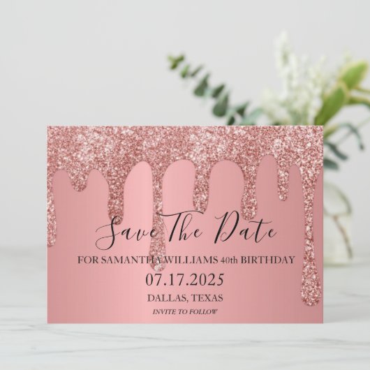 40e verjaardagsfeestje roze sprankeling glitter dr save the date (Staand voorkant)