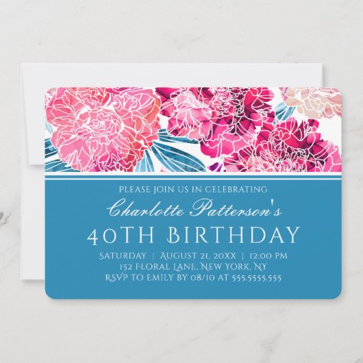 40e verjaardagsfeestje Stijlvol roze bloemmotief Kaart (Voorkant)