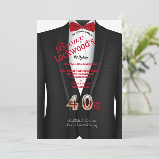 40e verjaardagsfeestje, Tuxedo pak, zwart en rood Kaart (Staand voorkant)
