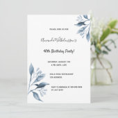 40e verjaardagsfeestje wit blauw bloemen blad kaart (Staand voorkant)