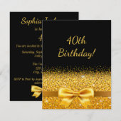 40e verjaardagsfeestje zwart gouden strik elegant kaart (Voorkant / Achterkant)